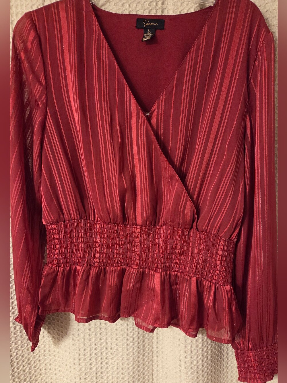 Jopna Women's Size Large Long-Sleeve Peplum Blouse – Burgundy Metallic Stripe